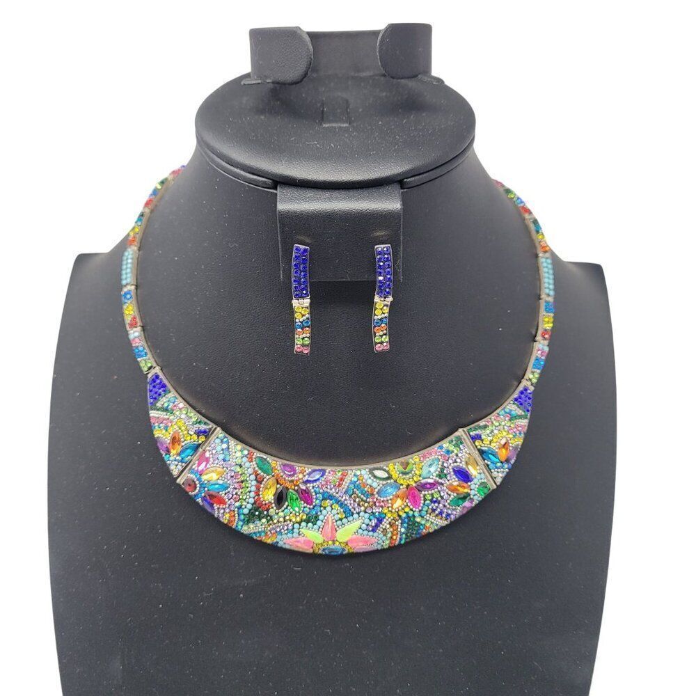 Artisan 925‎ Sterling Silver Multicolor Micro Mosaic Choker Necklace Earring Set